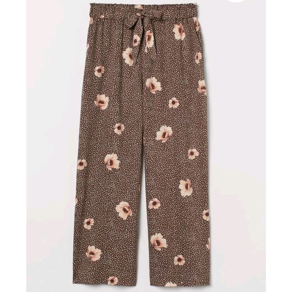 H&M Paperbag Wide Trousers Pants Floral High Rise Belted Brown Autumn Fall Sz 4 - Picture 2 of 9